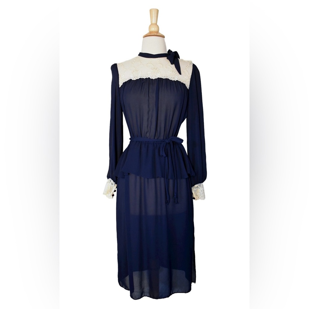 Vintage 70s Dress Argent Fille Sheer Navy Blue Lace Peplum Cottagecore Romantic